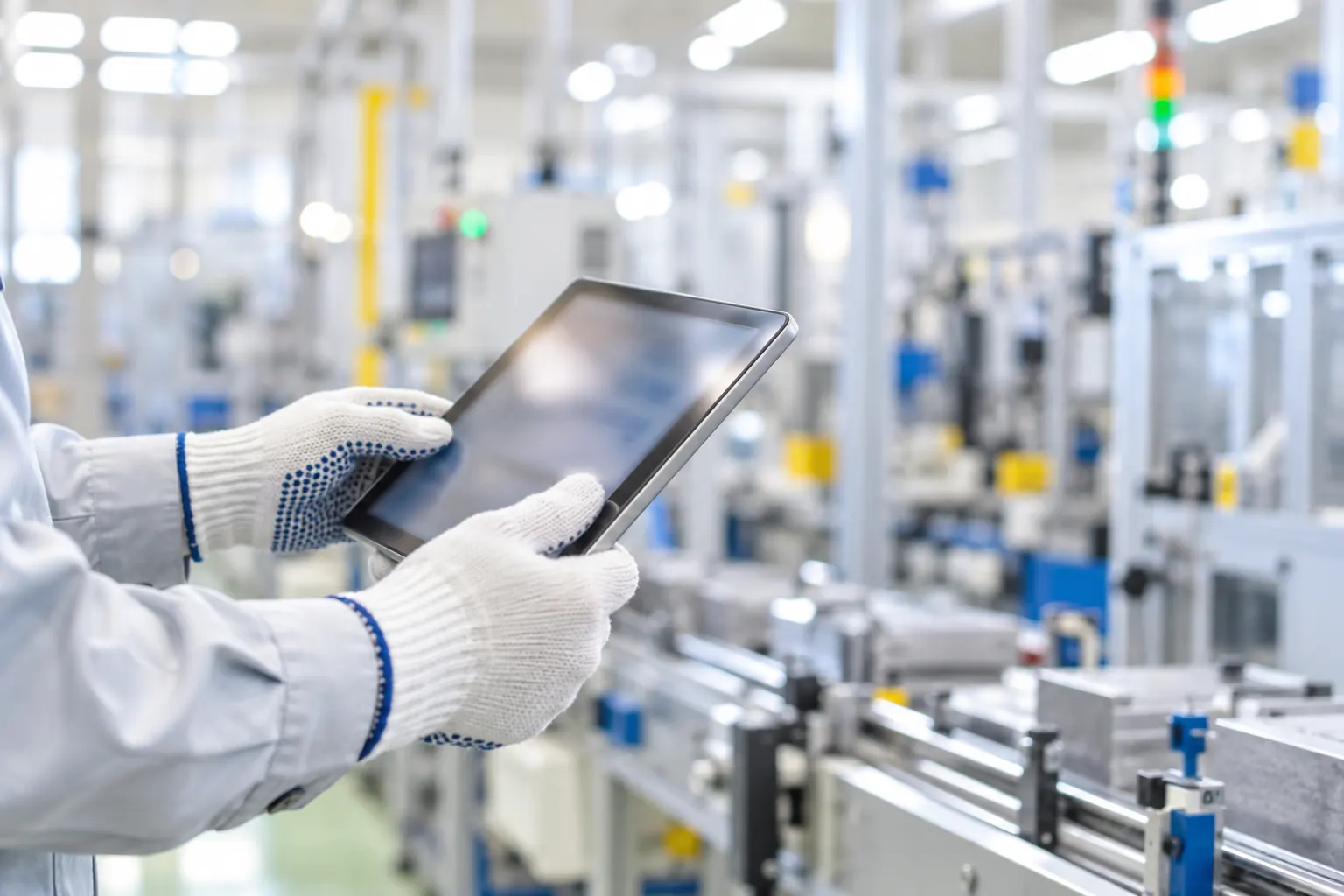 製造ラインの前で、手袋をした手がタブレットを持つ