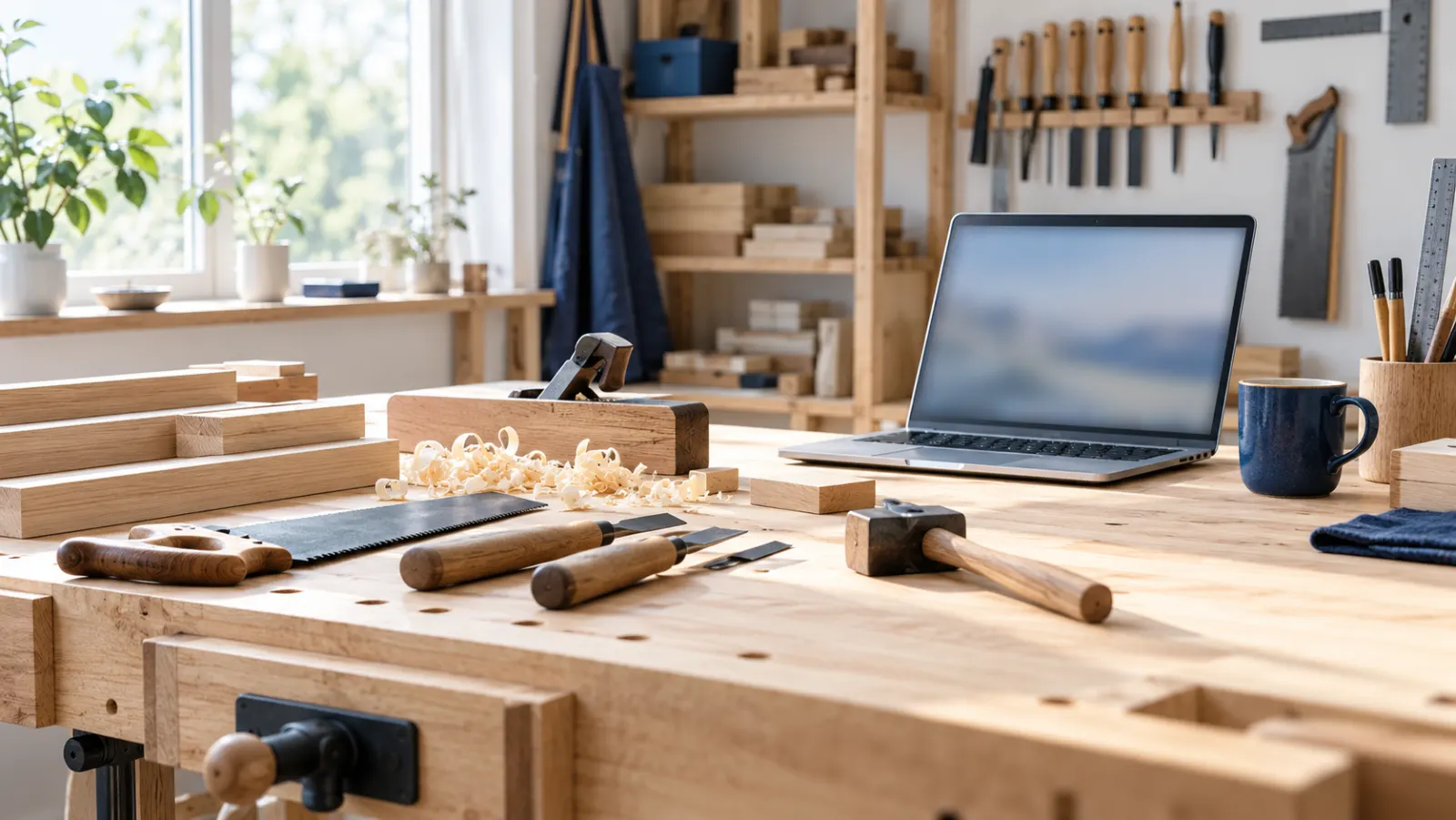 昼の光が入る工房の作業台に、手工具とノートパソコンが並ぶ